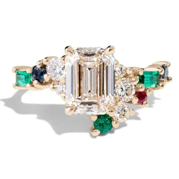 Trendy Colourful Gemstone Dainty Large Rectangle Gold Rings for Women, INDN8511 - Picture 3 of 3